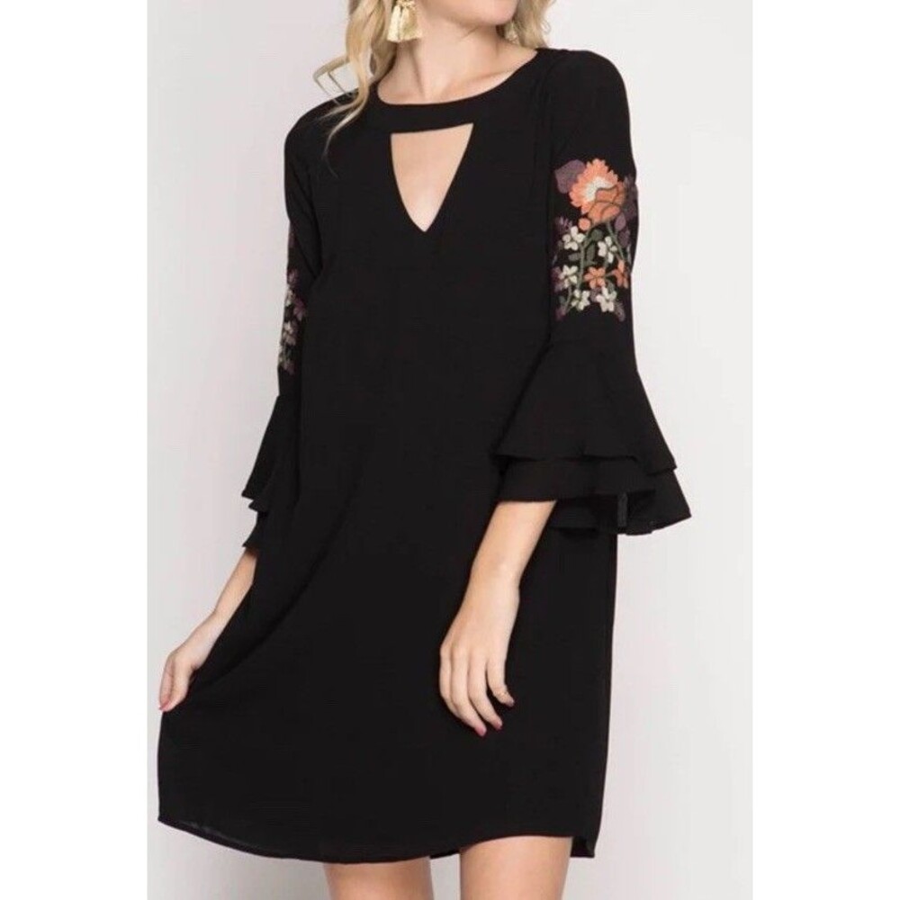 She & Sky Shift Dress Large Black Crepe Floral Emboidered Ruffle Bell Slv NEW